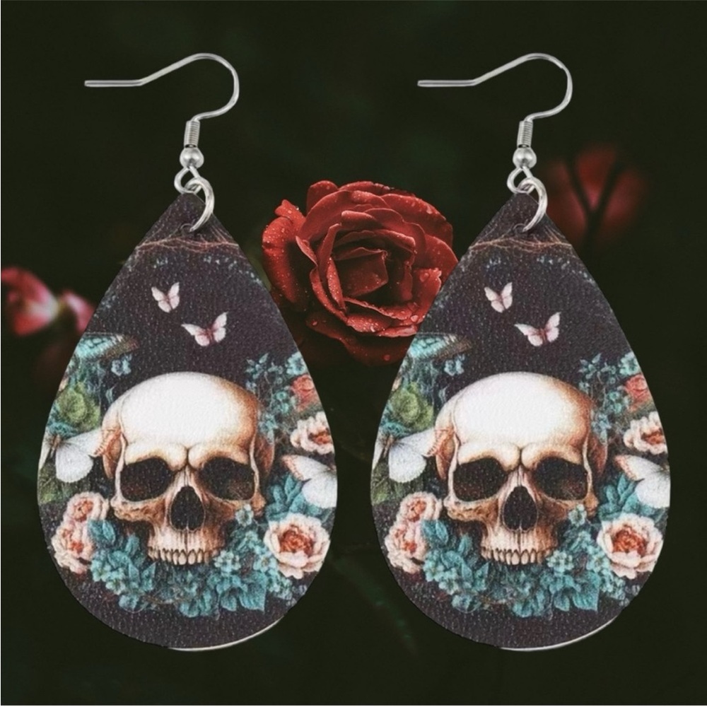 Colorful Skull Flower Pattern Teardrop Dangle‎ Earrings 
Faux Fashion Jewelry
